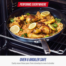 Blue Diamond blue nonstick skillet with cooked chicken and lemon slices in an oven
