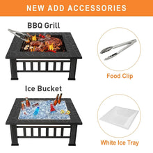 Black fire pit table with BBQ grill, ice bucket, white ice tray, and food clip