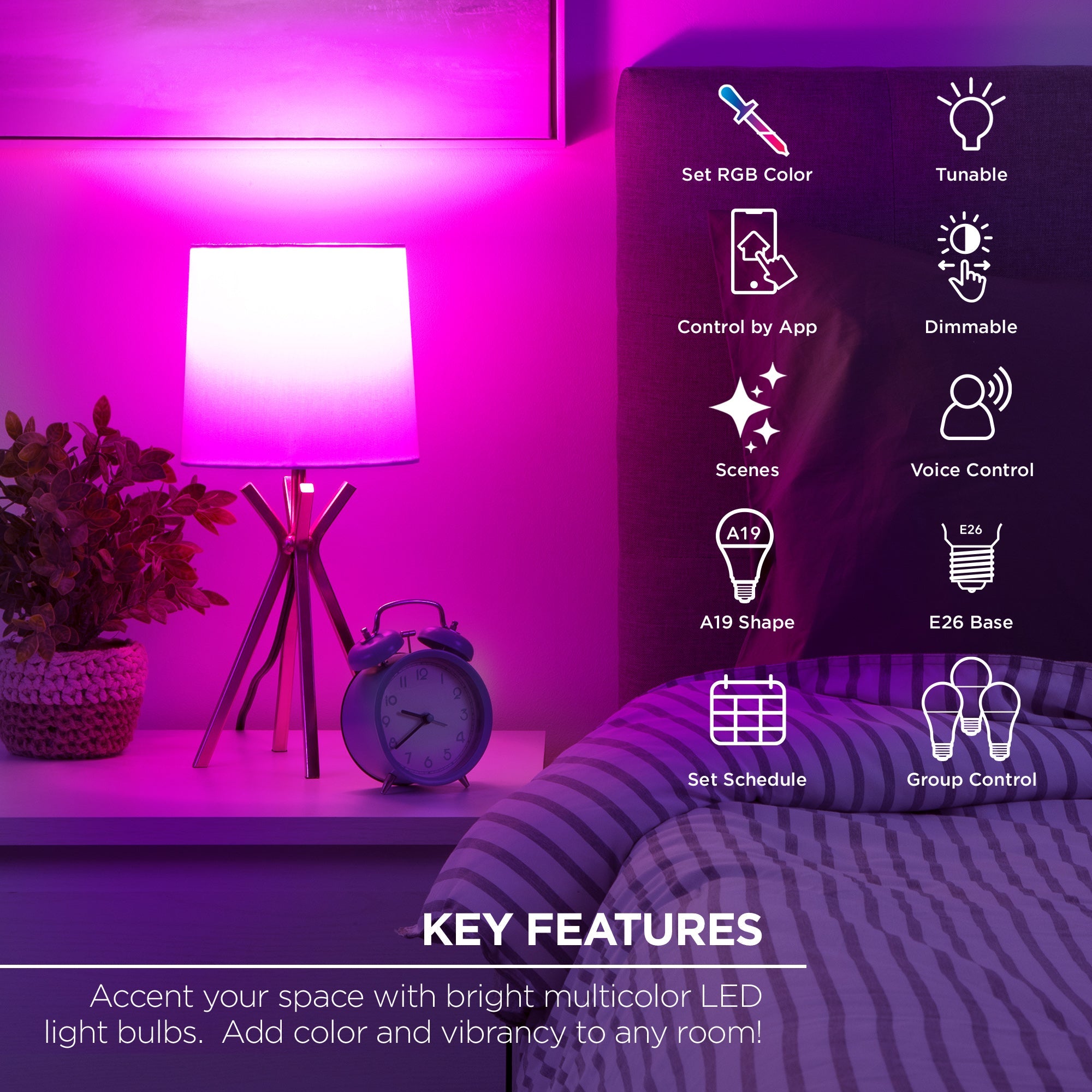 Merkury Smart LED Bulbs - 9W (60W Eqv) RGBW Dimmable A19 Light, E26 Base (4-Pack)