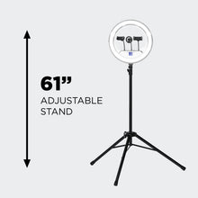Adjustable tripod ring light stand with circular RGB light and dual phone holders