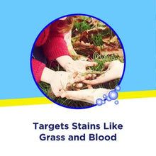Stain remover ad card showing hands targeting grass and blood stains outdoors