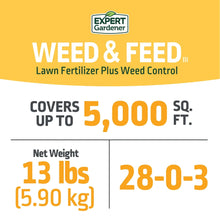 Weed & feed bag label: lawn fertilizer plus weed control, net weight 13 lbs