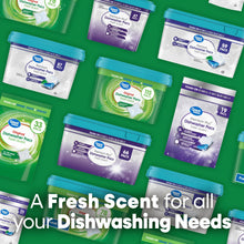 Assorted dishwasher pacs packages, teal lids, green and purple packs, fresh scent