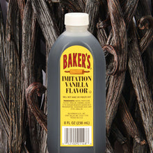 Baker's imitation vanilla flavor bottle standing among dark wood logs
