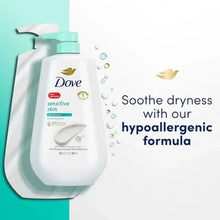 Dove Sensitive Skin hypoallergenic body wash pump bottles, front and label