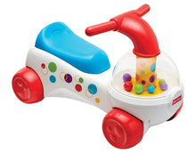Children’s ride-on corn popper toy with blue seat, red horn, and clear ball dome