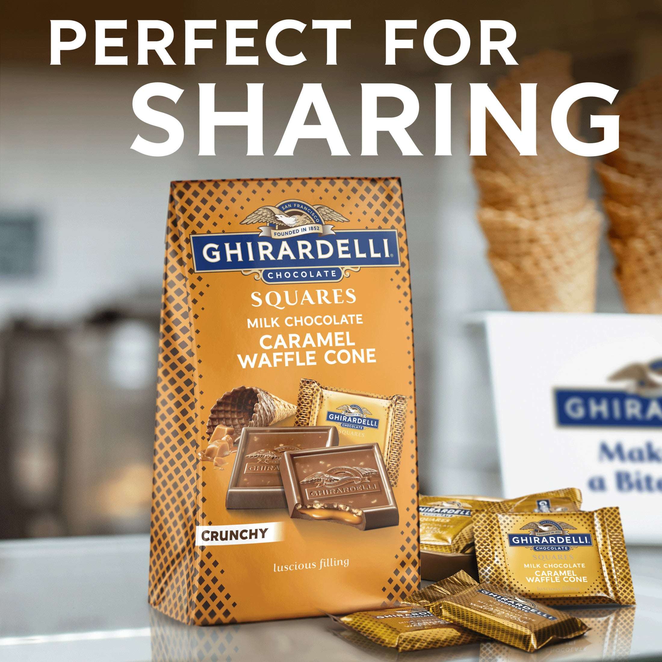 GHIRARDELLI Milk Chocolate Candy SQUARES with Caramel Waffle Cone Filling, 5.2 oz Bag