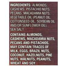 Ingredients list for lightly salted mixed nuts: almonds, cashews, pistachios, pecans, sea salt