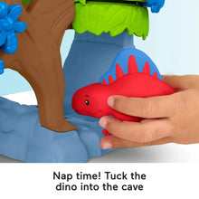 Dinosaur slide playset with red dinosaur figure, being pushed into the blue cave