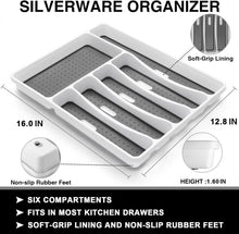 White silverware organizer tray with six compartments and non-slip rubber feet