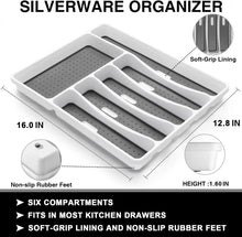 White silverware organizer tray with six compartments and soft-grip lining