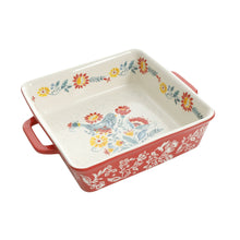 Square ceramic baking dish with red side border, floral bird and flowers, 8-inch