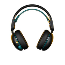 Black over-ear headphones with teal-accent headband and padded earcups