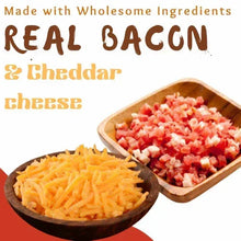 Dog treat ingredients bowls with shredded cheese and diced bacon