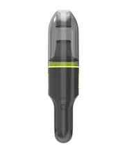 Front view of dark green cordless handheld vacuum with clear dust cup and power button