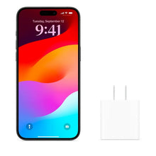 Apple 20W USB-C wall charger with two-prong plug next to smartphone screen, white