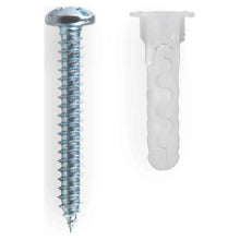 Steel screw and white nylon wall anchor plug, #8-14 size