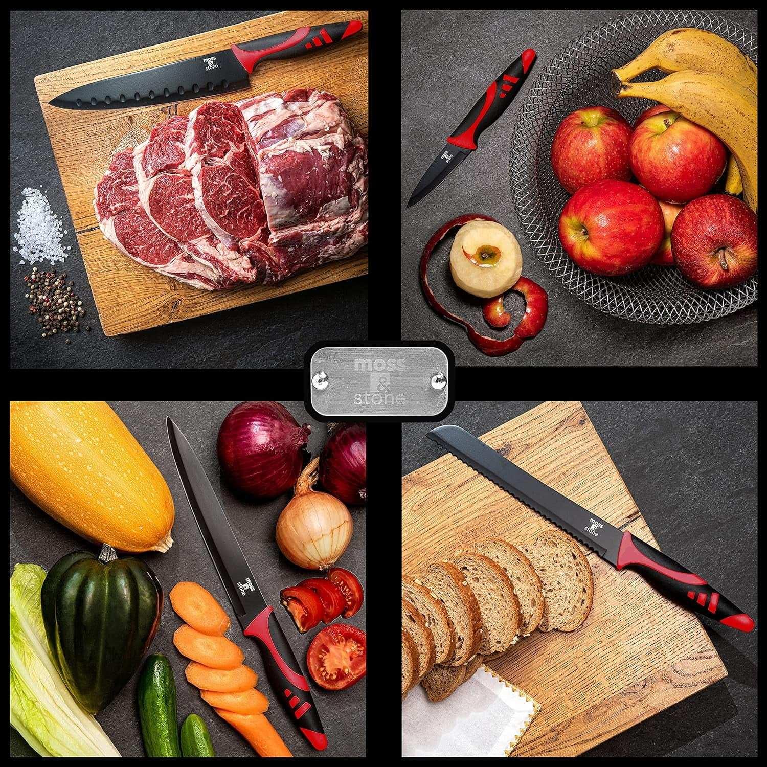 Moss & Stone Professional Kitchen Knife Chef Set, Small Knife Set With Block, Black Titanium Plated Kitchen Knife Set, Stainless Steel Scratch Resistant & Rust Proof Sharp Kitchen Knives. - USA MEGA SHOP