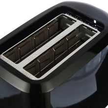 Black 2-slice toaster with two wide toasting slots, open top view