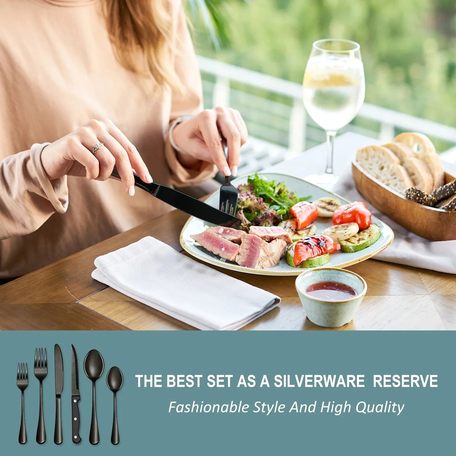 Bluebow Black Silverware Set with Steak Knives, Flatware Cutlery Set for 4, Food-Grade Stainless Steel Kitchen Tableware Set