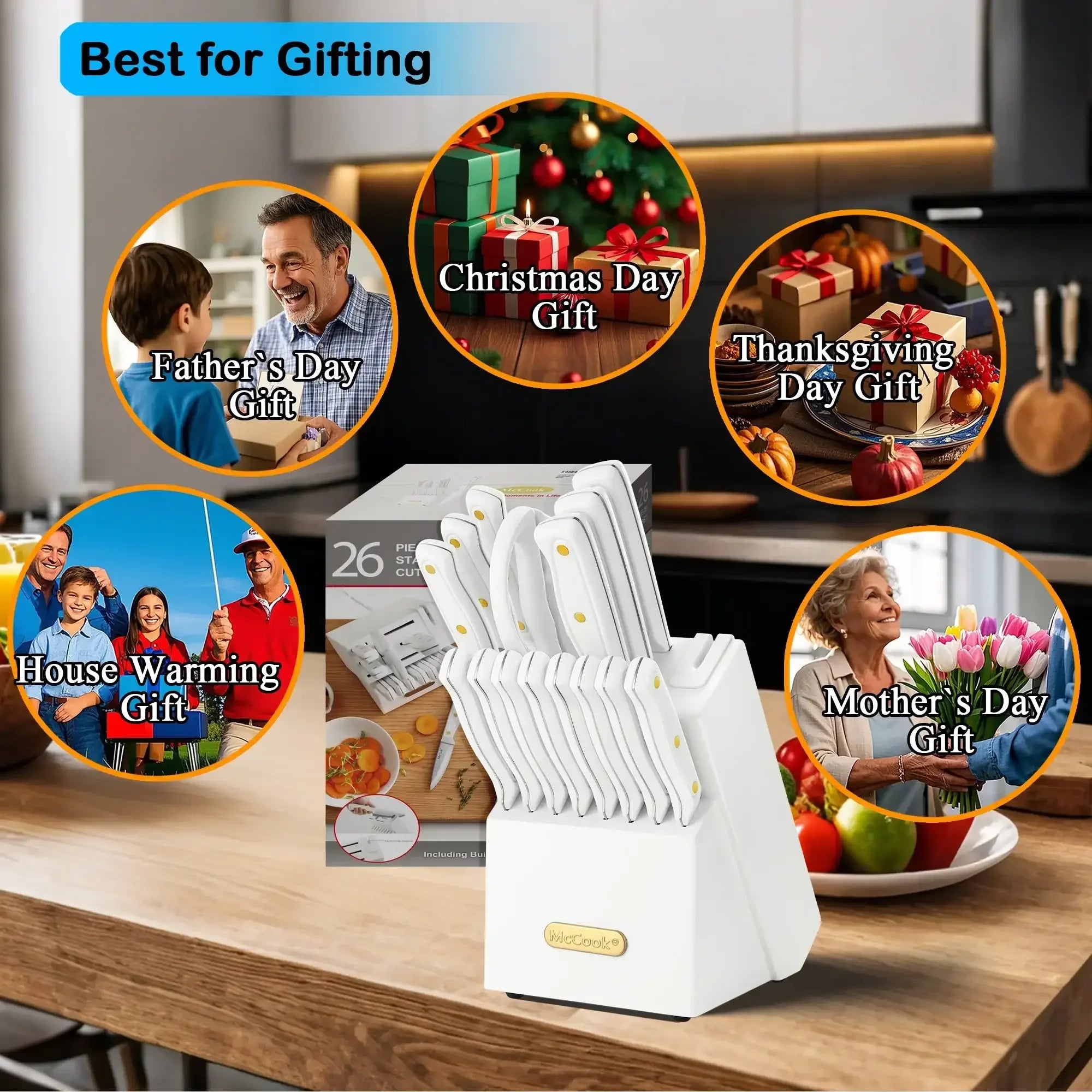 McCook DISHWASHER SAFE MC701 Knife Sets of 26, Stainless Steel Kitchen Knives Block Set with Built-in Knife Sharpener, Measuring Cups and Spoons - USA MEGA SHOP