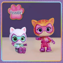Poseable SuperKitties cat figures in white and pink outfits with matching gear