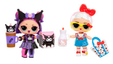 Two LOL-style dolls with accessories, including toy cups and small collectible bags