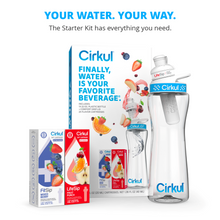 Cirkul 22 oz plastic water bottle starter kit, white bottle with blue lid, two cartridges