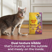 Dry cat food bag on a table next to a cat, Tender Centers