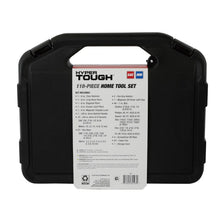 Closed home tool set case with instruction label panel on front