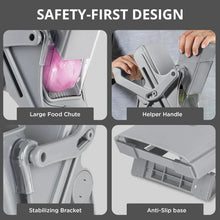 Gray mandoline slicer with large food chute, handle, stabilizing bracket, anti-slip base