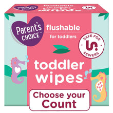 Flushable toddler wipes carton in teal and pink with Parent's Choice branding