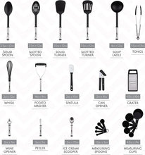 Assorted kitchen utensils set showing measuring spoons, spatula, whisk, can opener, grater