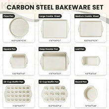 Beige carbon steel bakeware set, assorted nonstick pans and sheets