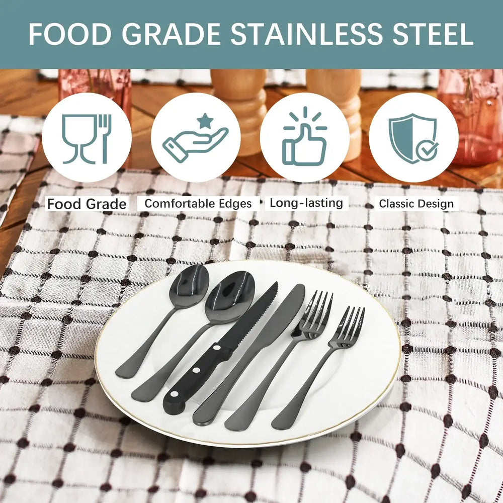Bluebow Black Silverware Set with Steak Knives, Flatware Cutlery Set for 4, Food-Grade Stainless Steel Kitchen Tableware Set