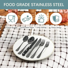 Food-grade stainless steel cutlery set with forks, knives, and spoons on plate