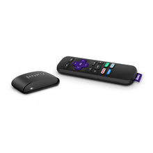 Black Roku Express streaming player and remote side by side