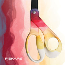 Non-stick scrapbook scissors, red handle with cream finger loops and metal pivot