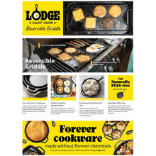 Lodge cast iron reversible griddle product packaging with yellow and black graphics