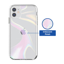 Clear iridescent phone case with cutouts and camera openings, front view