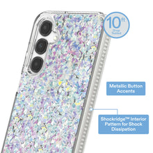 Iridescent glitter fleck phone case with metallic button accents and camera cutouts