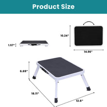 Foldable 1-step stool with black top platform and carrying handle.