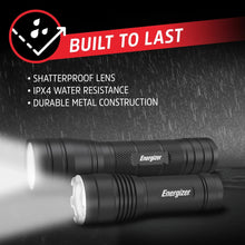 Black tactical flashlight with rugged metal body and protective lens