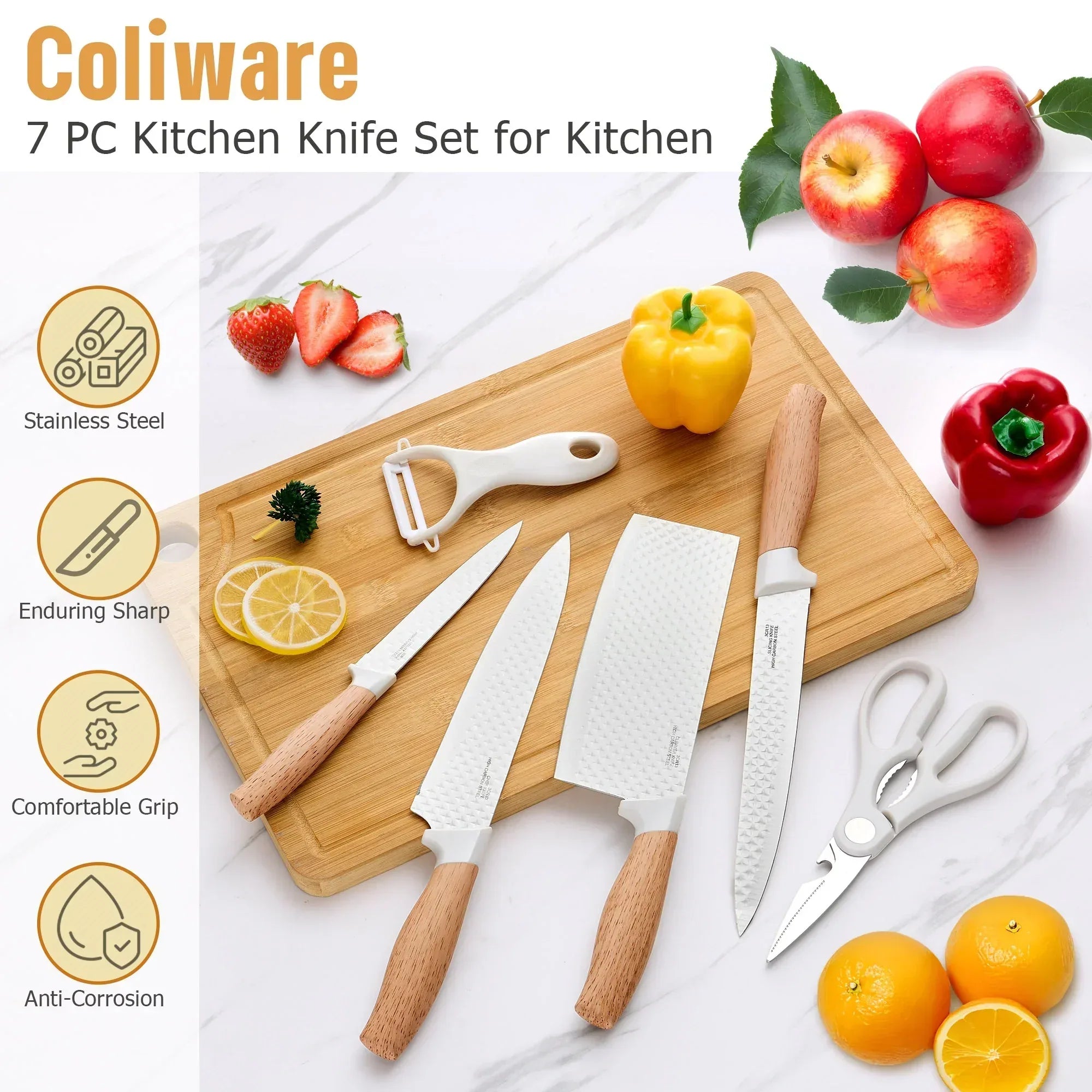 Joyfair Kitchen Knife Set, 7 Pcs Stainless Steel White Knives Block Set for Chef, Super Sharp Professional Knife Set with Universal Knife Block for Home Restaurant, Non-Stick & Anti-Rust - USA MEGA SHOP