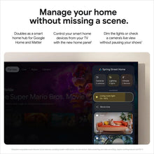 Home control interface on TV screen with device tiles and live view panels.