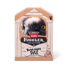 Calico cat ugly monster stuffed toy in wooden display box with big yellow eyes