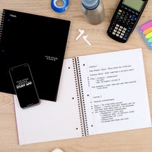 Black Five Star study notebook with spiral binding, open to college ruled pages
