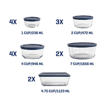 Glass storage containers with dark blue lids, shown in multiple cup sizes