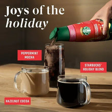 Starbucks Peppermint Mocha flavored coffee with mugs and pouring cup on holiday set