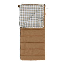 Adult sleeping bag in brown with plaid flannel liner and drawstring hood